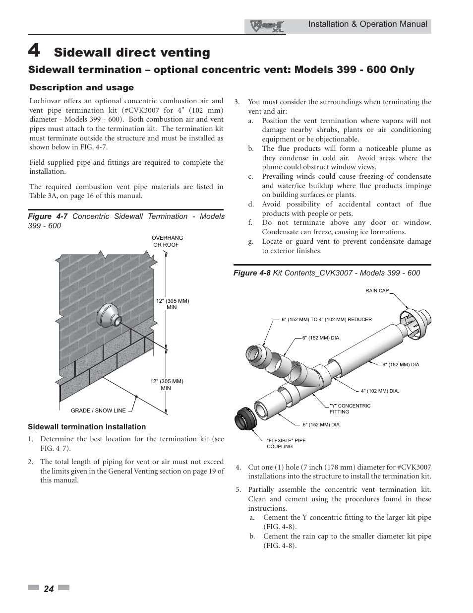 Sidewall direct venting | Lochinvar Knight XL 399 - 800 User Manual | Page 24 / 72