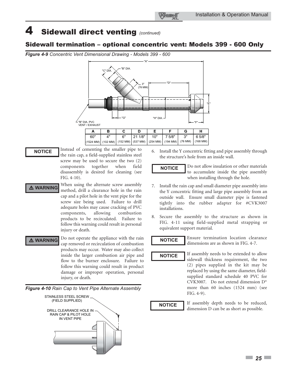 Sidewall direct venting, Installation & operation manual | Lochinvar Knight XL 399 - 800 User Manual | Page 25 / 72