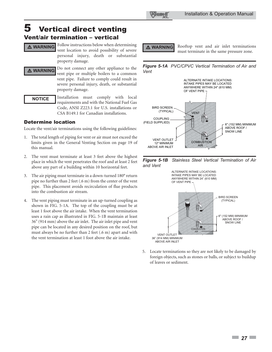 Vertical direct venting, Vent/air termination – vertical, Installation & operation manual | Determine location | Lochinvar Knight XL 399 - 800 User Manual | Page 27 / 72