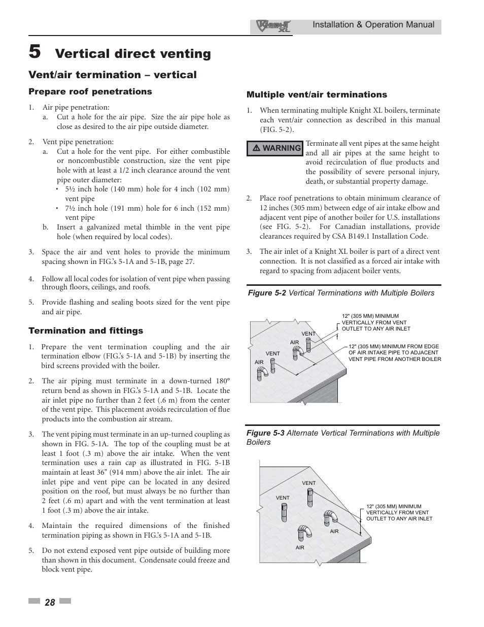 Vertical direct venting, Vent/air termination – vertical | Lochinvar Knight XL 399 - 800 User Manual | Page 28 / 72