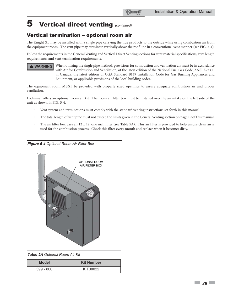 Vertical direct venting, Vertical termination – optional room air | Lochinvar Knight XL 399 - 800 User Manual | Page 29 / 72