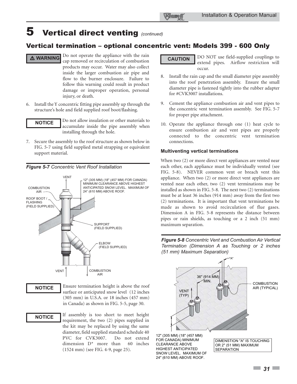 Vertical direct venting | Lochinvar Knight XL 399 - 800 User Manual | Page 31 / 72