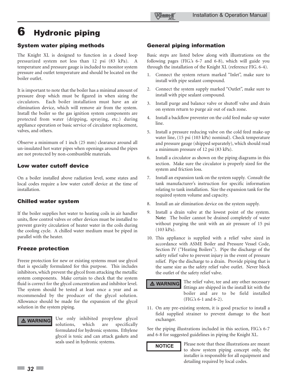 Hydronic piping | Lochinvar Knight XL 399 - 800 User Manual | Page 32 / 72