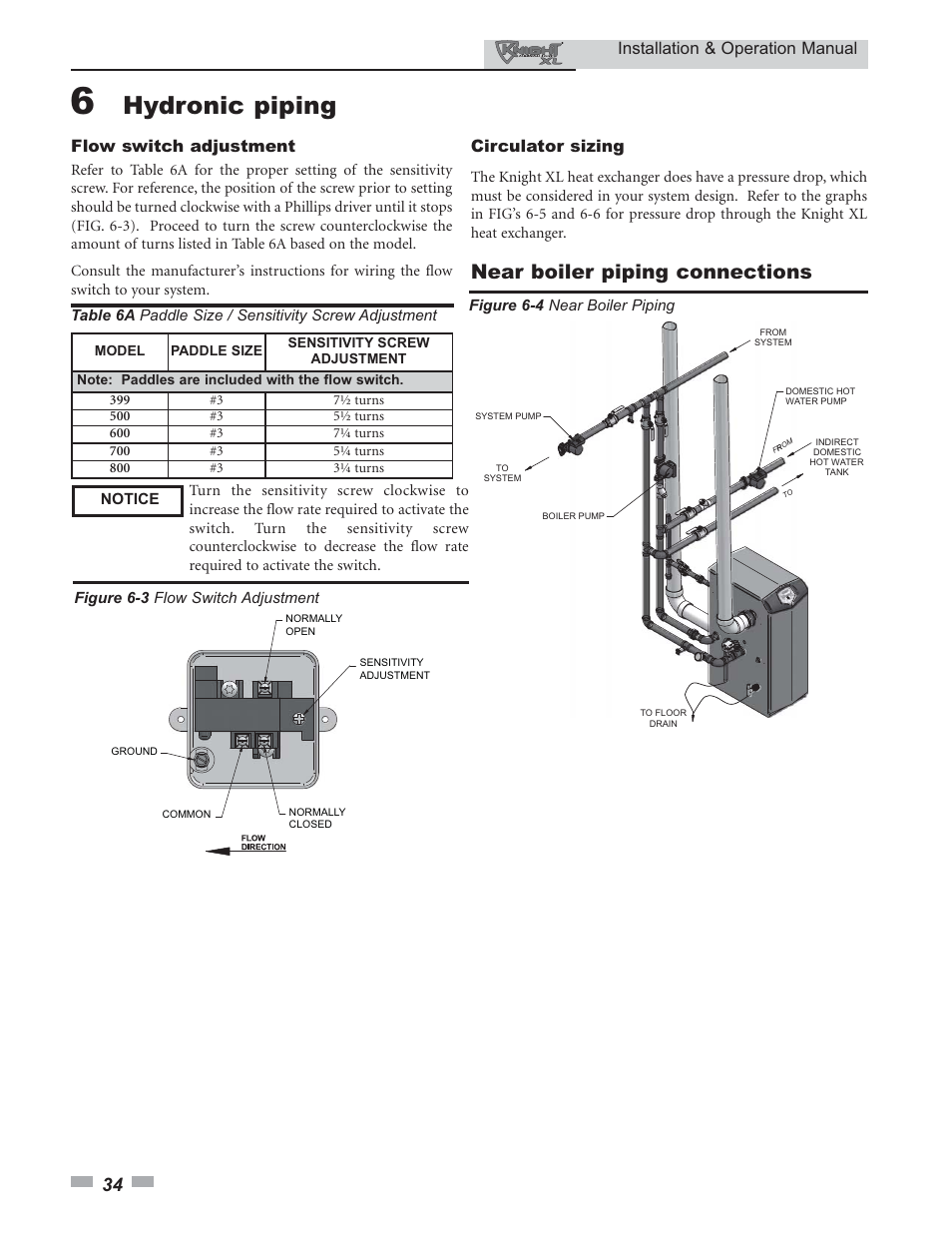 Hydronic piping, Near boiler piping connections, Installation & operation manual | Circulator sizing, Flow switch adjustment | Lochinvar Knight XL 399 - 800 User Manual | Page 34 / 72