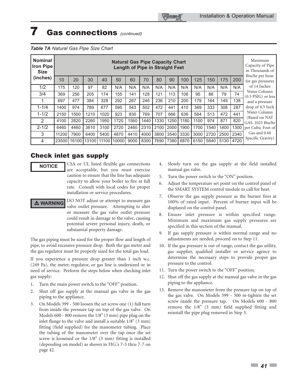 Gas connections, Check inlet gas supply | Lochinvar Knight XL 399 - 800 User Manual | Page 41 / 72