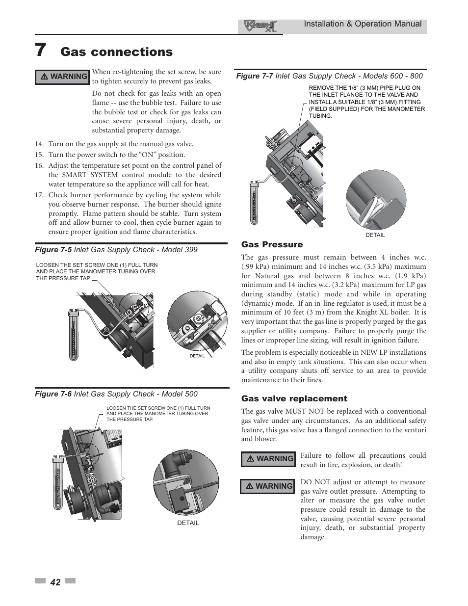 Gas connections | Lochinvar Knight XL 399 - 800 User Manual | Page 42 / 72
