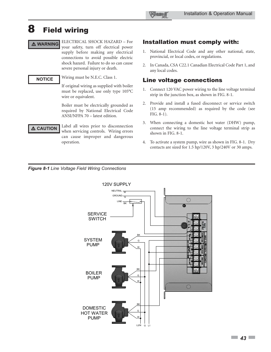 Field wiring, Installation must comply with, Line voltage connections | Installation & operation manual | Lochinvar Knight XL 399 - 800 User Manual | Page 43 / 72