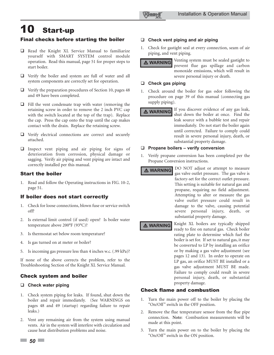 Start-up | Lochinvar Knight XL 399 - 800 User Manual | Page 50 / 72