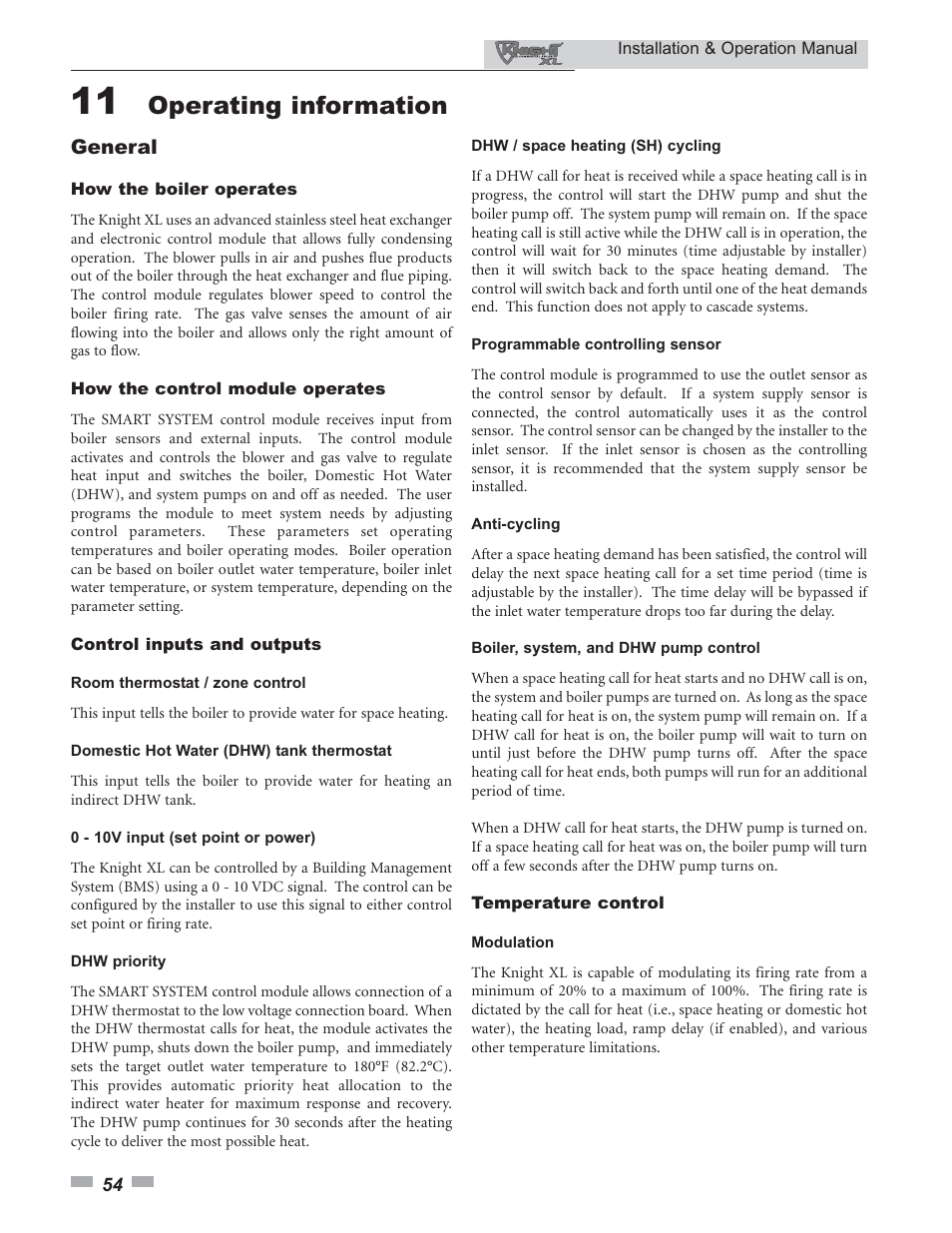 Operating information | Lochinvar Knight XL 399 - 800 User Manual | Page 54 / 72