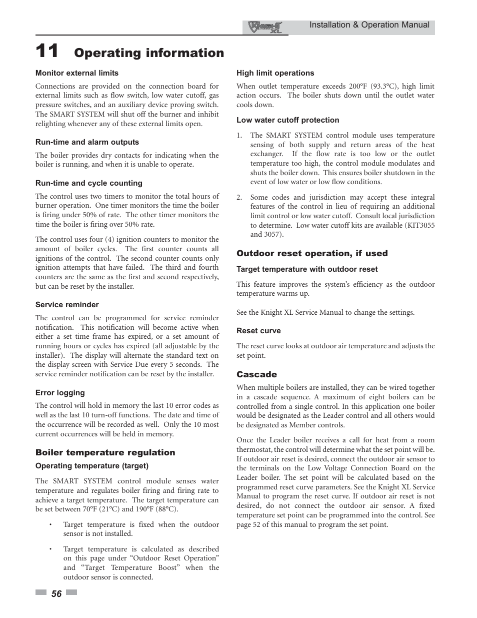 Operating information | Lochinvar Knight XL 399 - 800 User Manual | Page 56 / 72