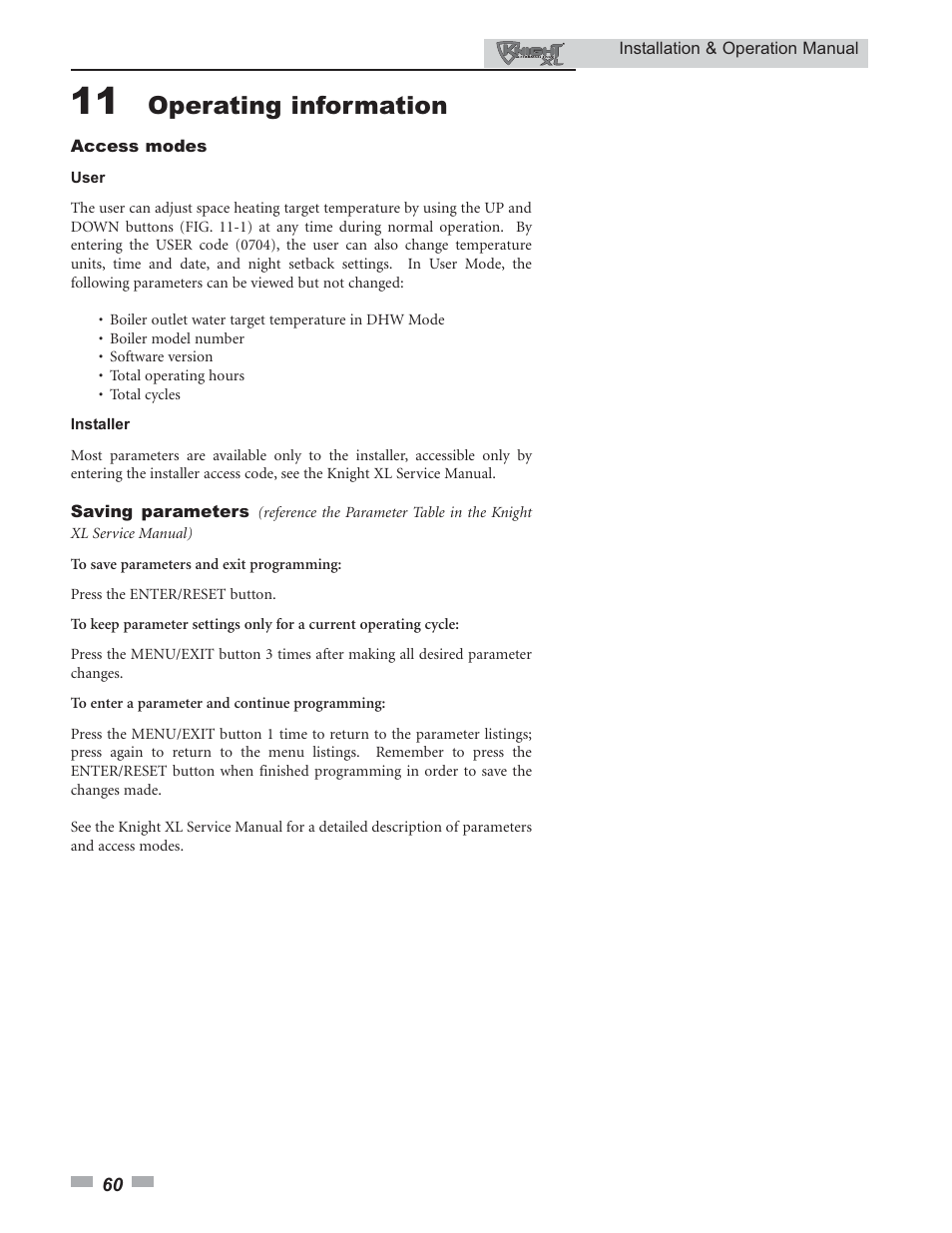 Operating information | Lochinvar Knight XL 399 - 800 User Manual | Page 60 / 72