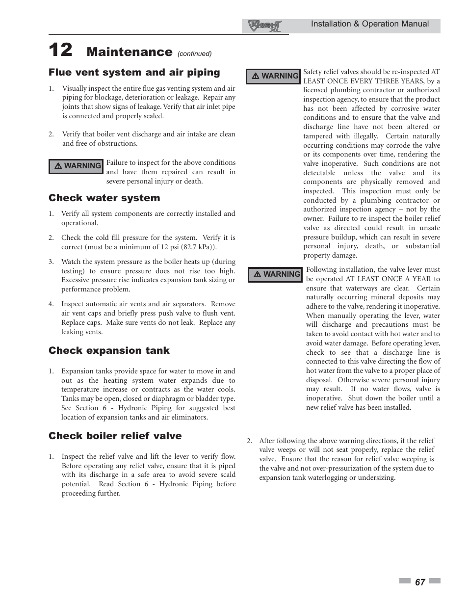 Maintenance | Lochinvar Knight XL 399 - 800 User Manual | Page 67 / 72