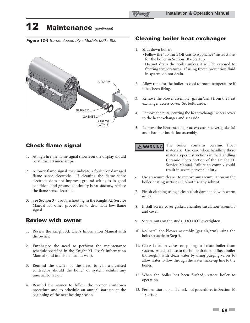 Maintenance, Check flame signal, Review with owner | Cleaning boiler heat exchanger | Lochinvar Knight XL 399 - 800 User Manual | Page 69 / 72
