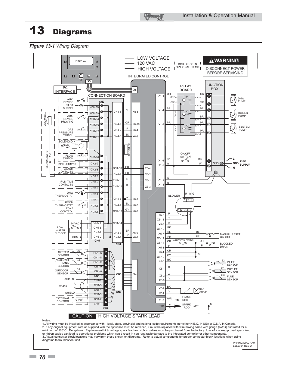 Diagrams, Installation & operation manual, Figure 13-1 wiring diagram | Caution high voltage spark lead, 120 vac low voltage high voltage | Lochinvar Knight XL 399 - 800 User Manual | Page 70 / 72