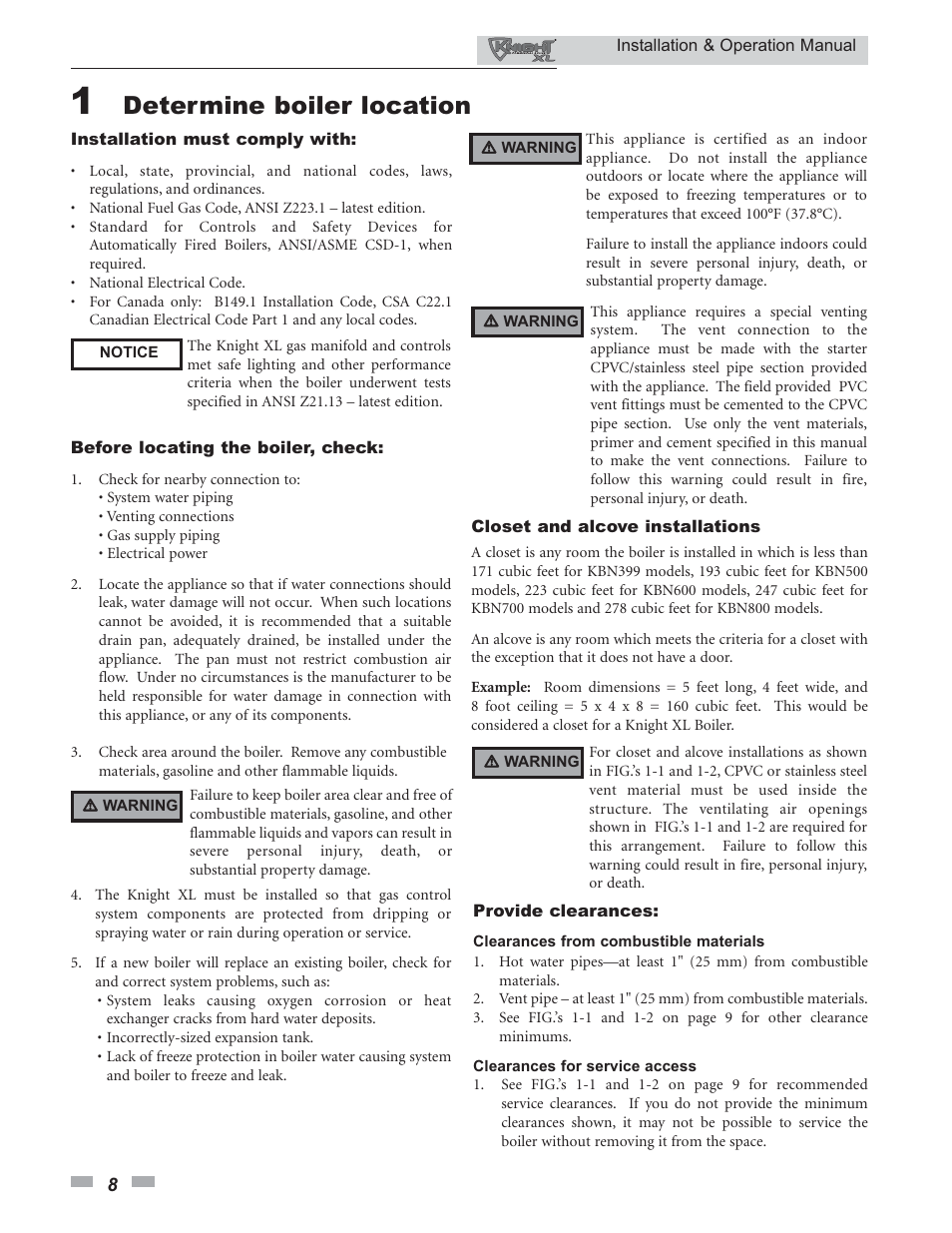 Determine boiler location | Lochinvar Knight XL 399 - 800 User Manual | Page 8 / 72