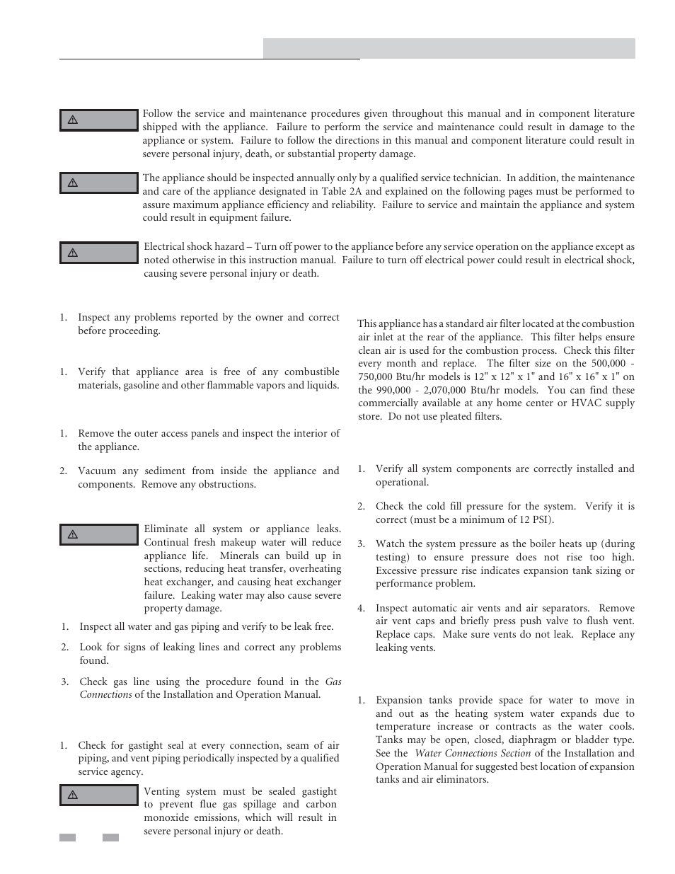 Maintenance, Address reported problems, Inspect appliance area | Inspect appliance interior, Check all piping for leaks, Flue vent system and air piping, Combustion air filter, Check water system, Check expansion tank (if provided) | Lochinvar Copper-fin II/IIE Boiler User Manual | Page 24 / 44