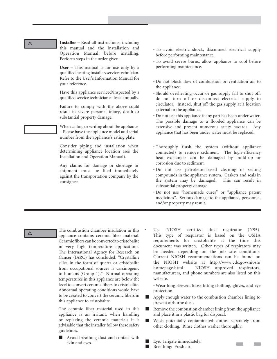 Please read before proceeding, Handling ceramic fiber materials | Lochinvar Copper-fin II/IIE Boiler User Manual | Page 3 / 44