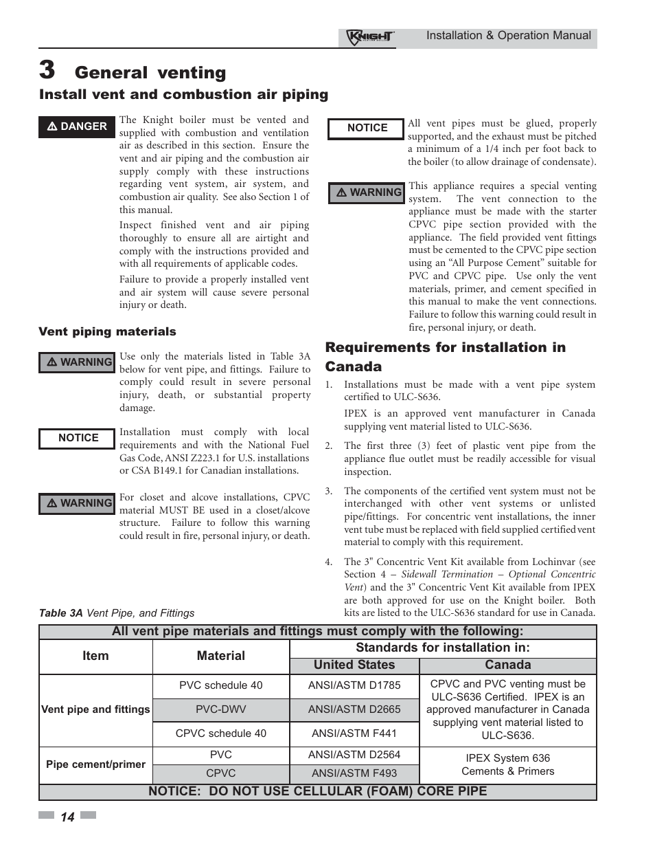General venting, Install vent and combustion air piping, Requirements for installation in canada | Lochinvar Knight 80 - 285 User Manual | Page 14 / 72