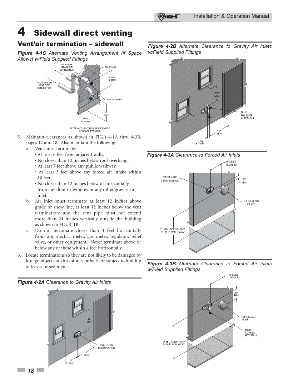Sidewall direct venting, Vent/air termination – sidewall, Installation & operation manual | Lochinvar Knight 80 - 285 User Manual | Page 18 / 72