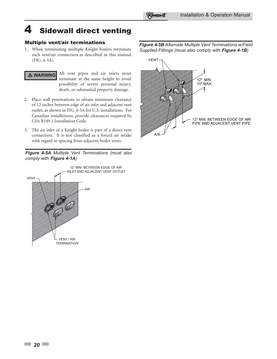 Sidewall direct venting | Lochinvar Knight 80 - 285 User Manual | Page 20 / 72