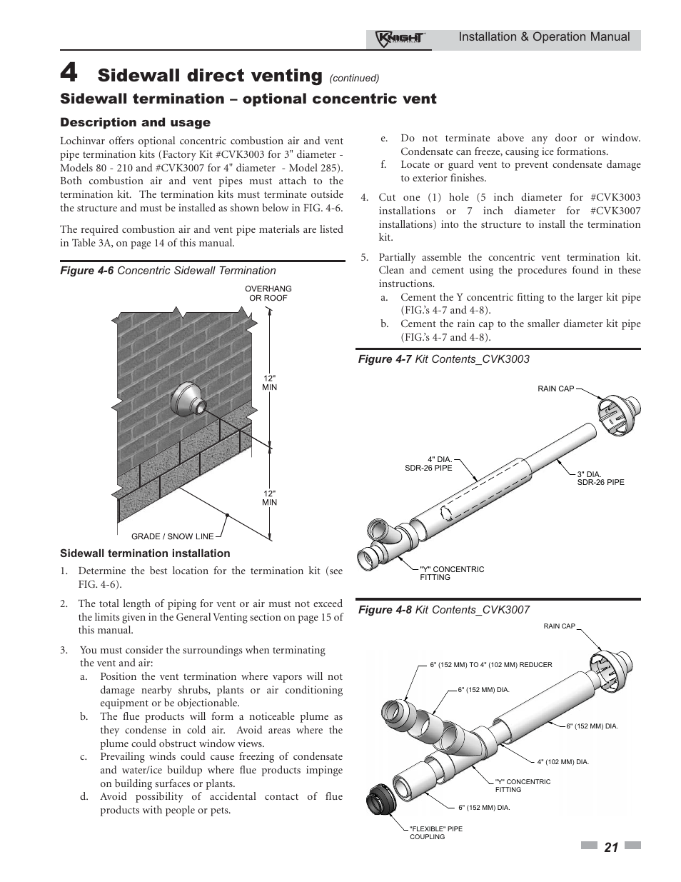 Sidewall direct venting, Sidewall termination – optional concentric vent | Lochinvar Knight 80 - 285 User Manual | Page 21 / 72
