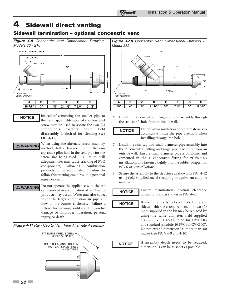 Sidewall direct venting, Sidewall termination – optional concentric vent | Lochinvar Knight 80 - 285 User Manual | Page 22 / 72