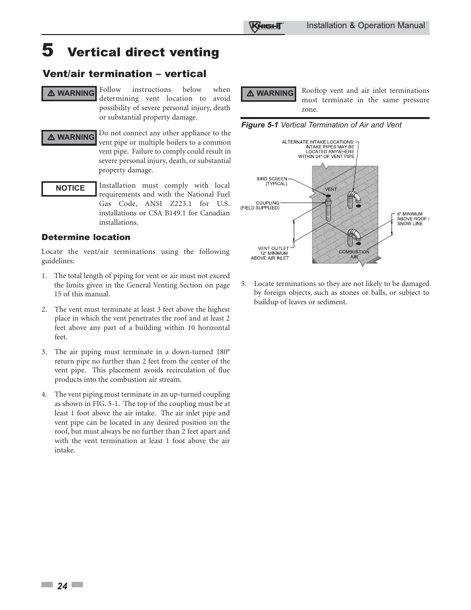Vertical direct venting, Vent/air termination – vertical | Lochinvar Knight 80 - 285 User Manual | Page 24 / 72