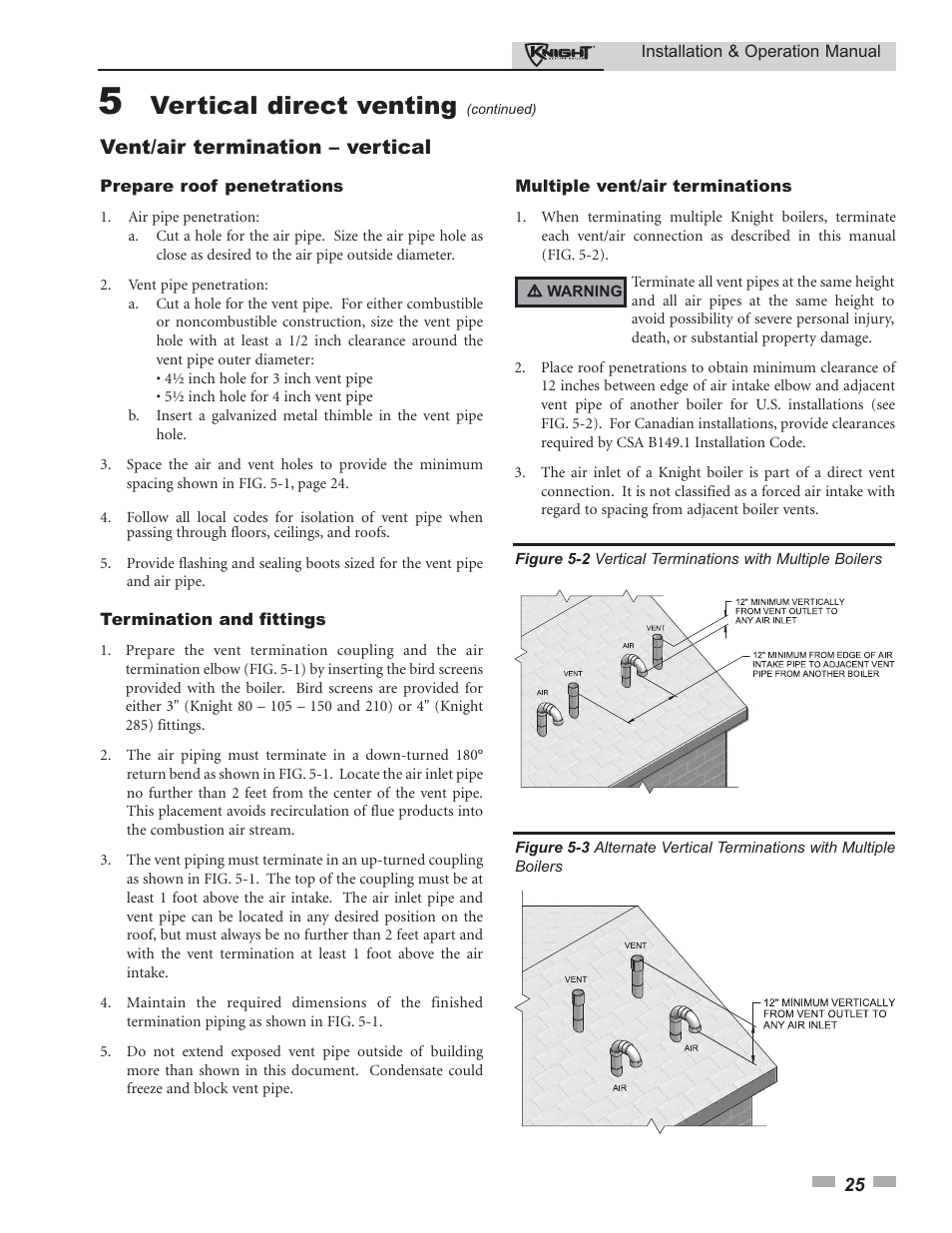 Vertical direct venting, Vent/air termination – vertical | Lochinvar Knight 80 - 285 User Manual | Page 25 / 72