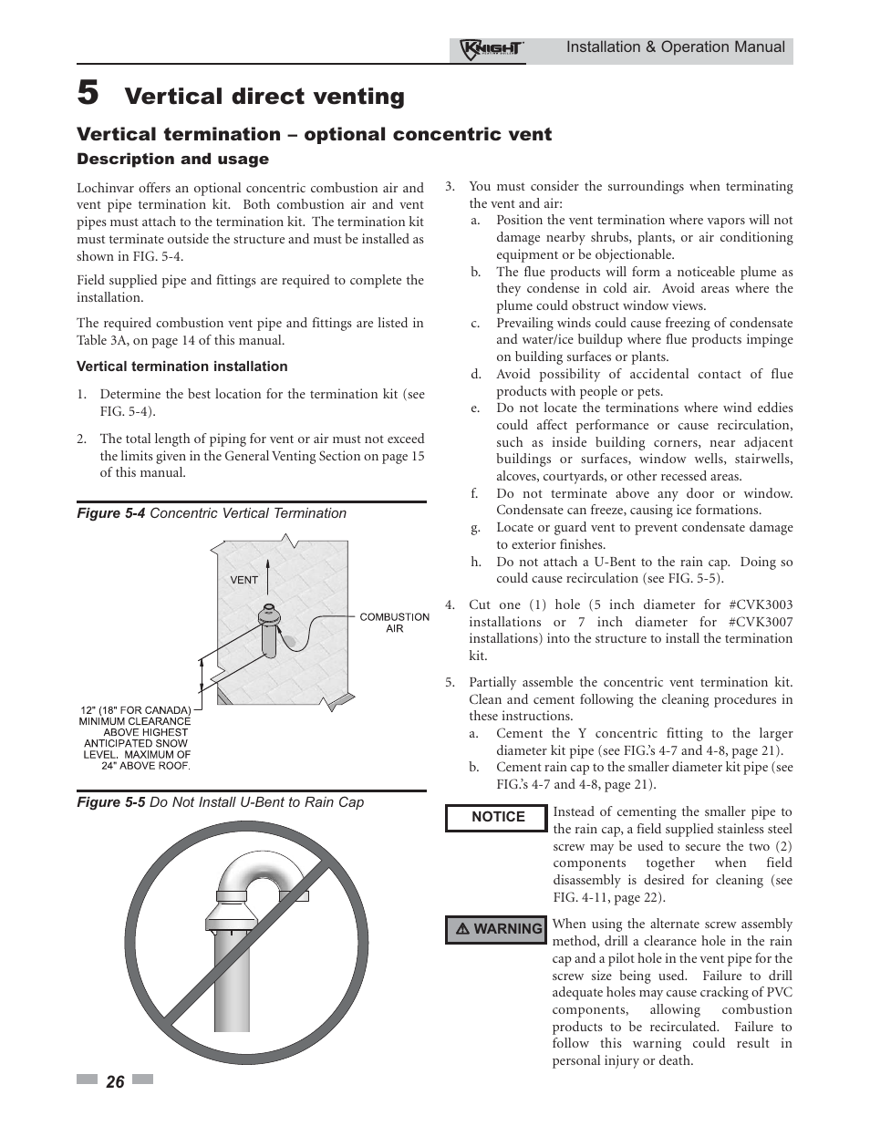 Vertical direct venting, Vertical termination – optional concentric vent | Lochinvar Knight 80 - 285 User Manual | Page 26 / 72