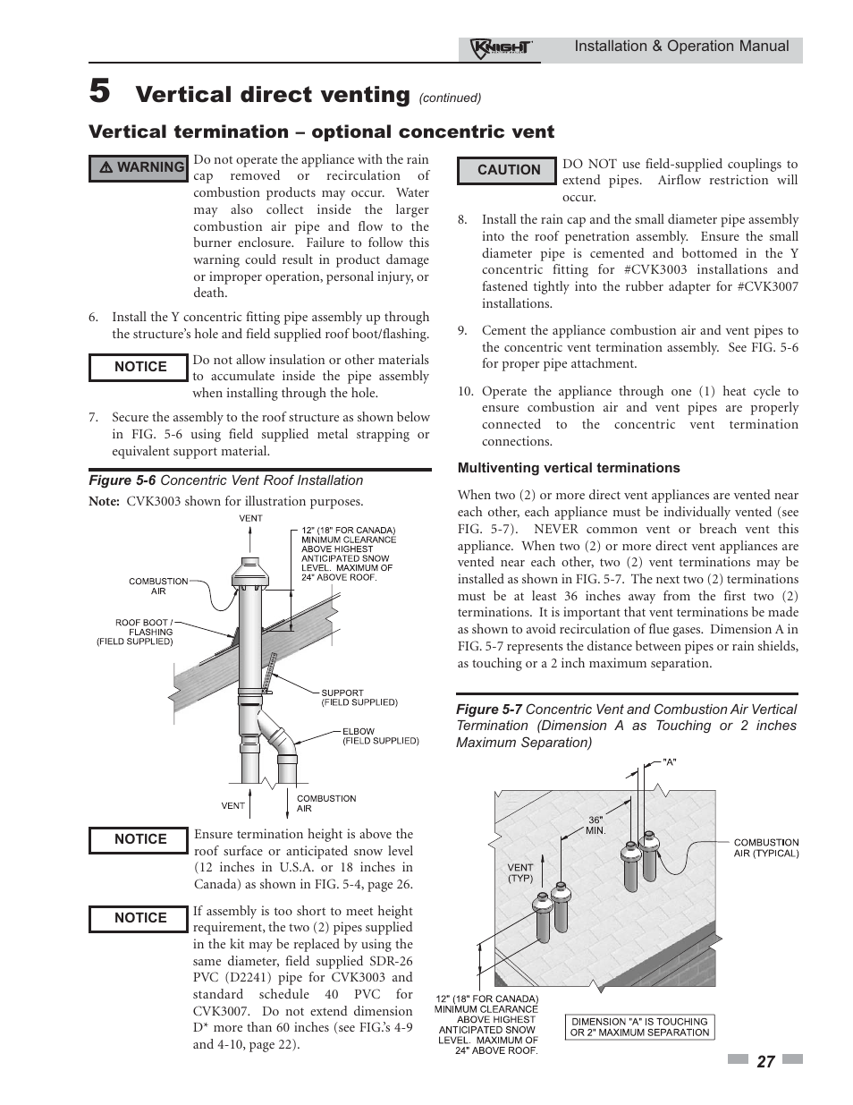 Vertical direct venting, Vertical termination – optional concentric vent | Lochinvar Knight 80 - 285 User Manual | Page 27 / 72