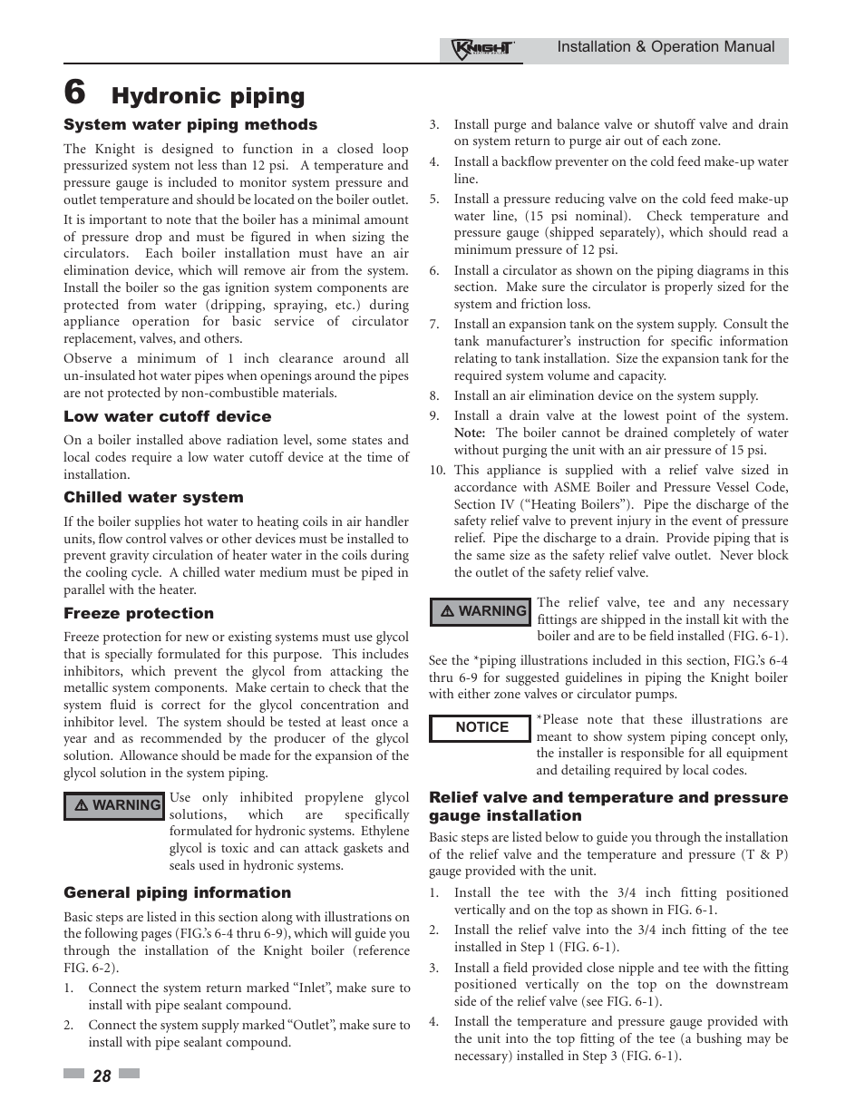 Hydronic piping | Lochinvar Knight 80 - 285 User Manual | Page 28 / 72