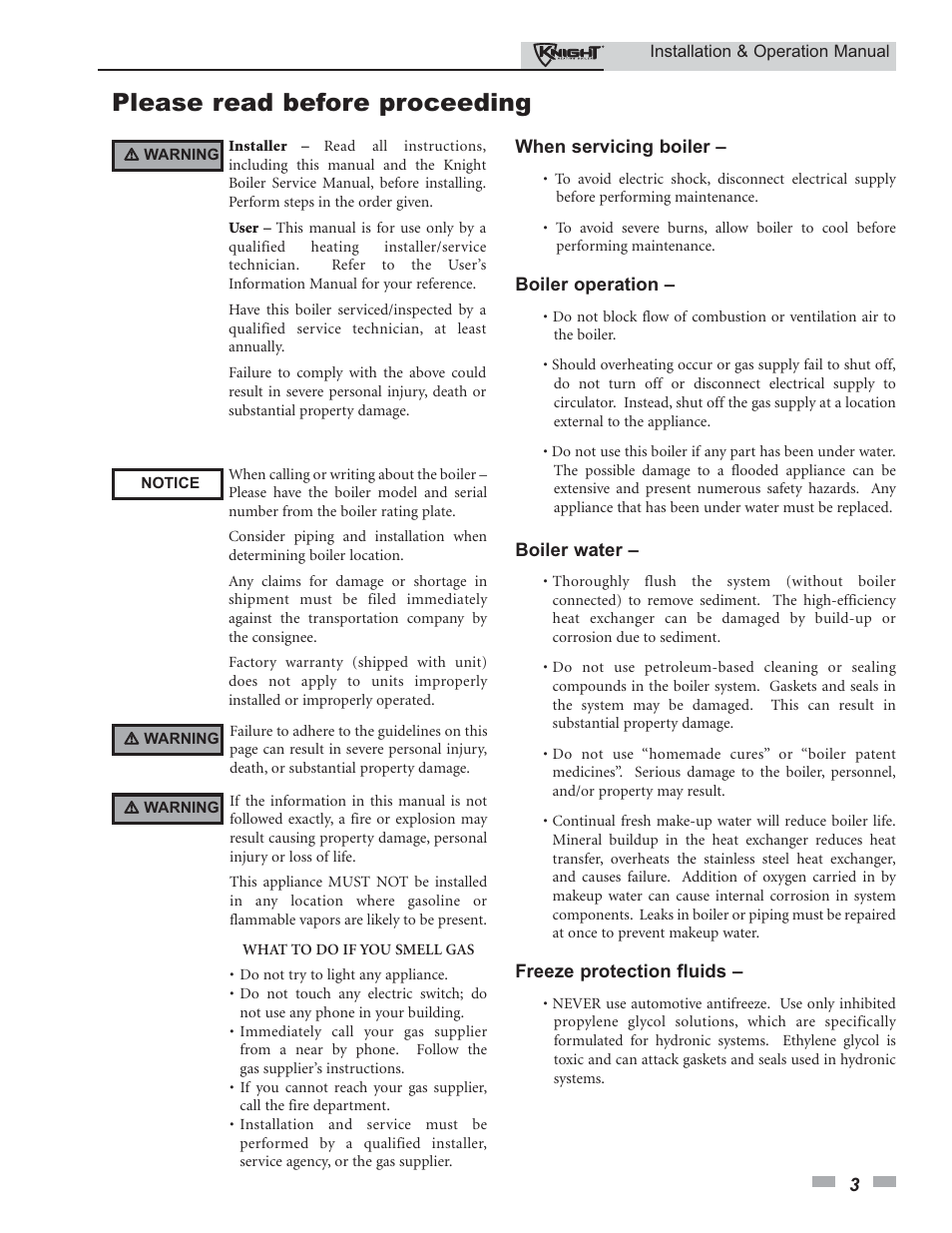 Please read before proceeding | Lochinvar Knight 80 - 285 User Manual | Page 3 / 72