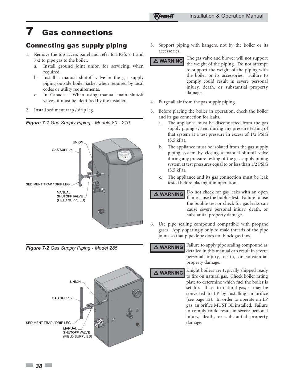 Gas connections, Connecting gas supply piping | Lochinvar Knight 80 - 285 User Manual | Page 38 / 72