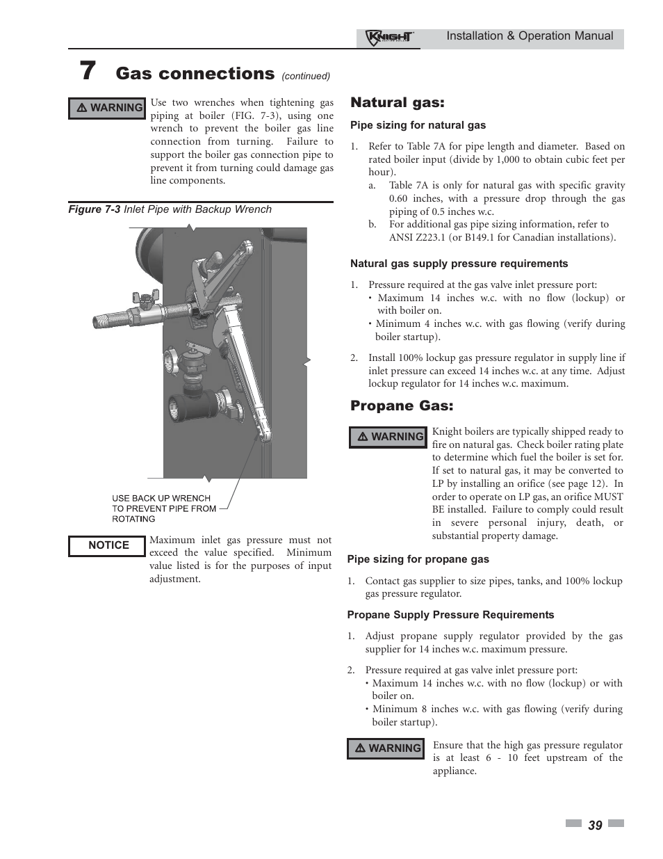 Gas connections, Natural gas, Propane gas | Lochinvar Knight 80 - 285 User Manual | Page 39 / 72