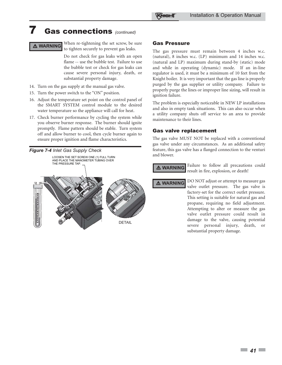 Gas connections | Lochinvar Knight 80 - 285 User Manual | Page 41 / 72