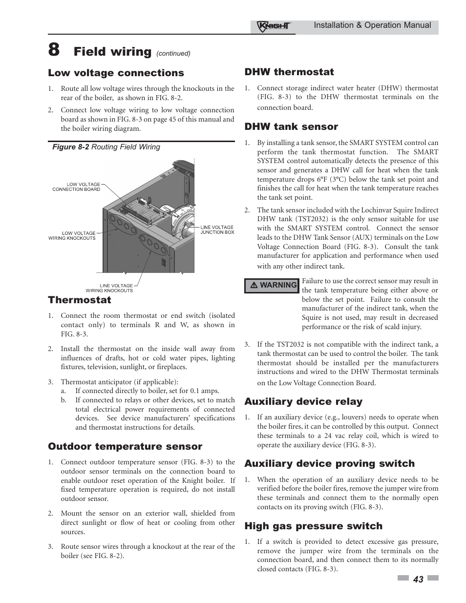 Field wiring, Low voltage connections, Thermostat | Outdoor temperature sensor, Dhw thermostat, Dhw tank sensor, Auxiliary device relay, Auxiliary device proving switch, High gas pressure switch | Lochinvar Knight 80 - 285 User Manual | Page 43 / 72