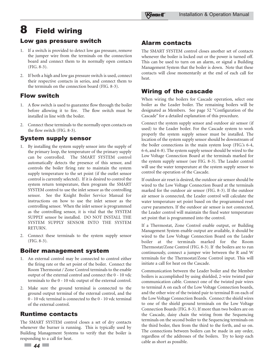 Field wiring | Lochinvar Knight 80 - 285 User Manual | Page 44 / 72