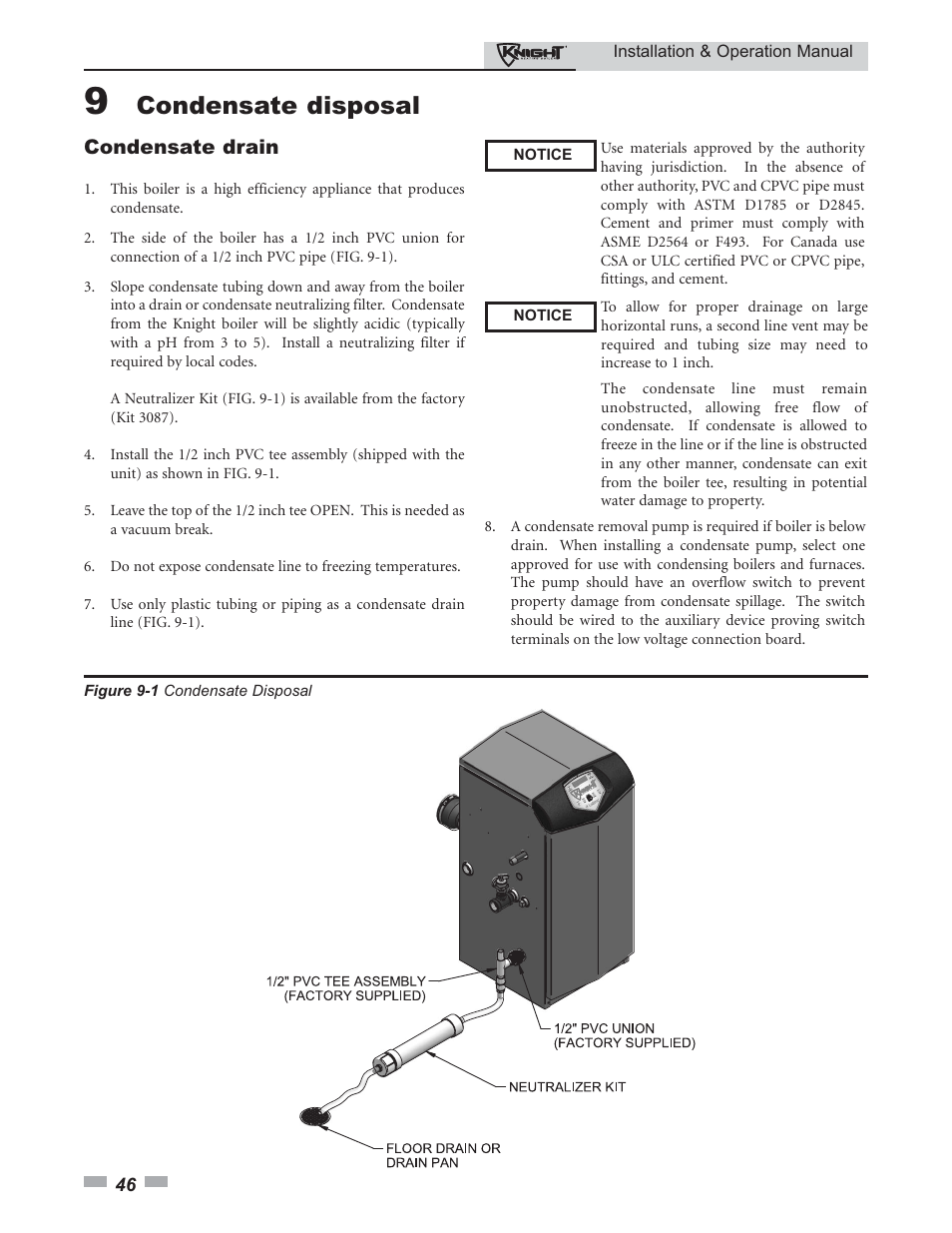 Condensate disposal, Condensate drain | Lochinvar Knight 80 - 285 User Manual | Page 46 / 72