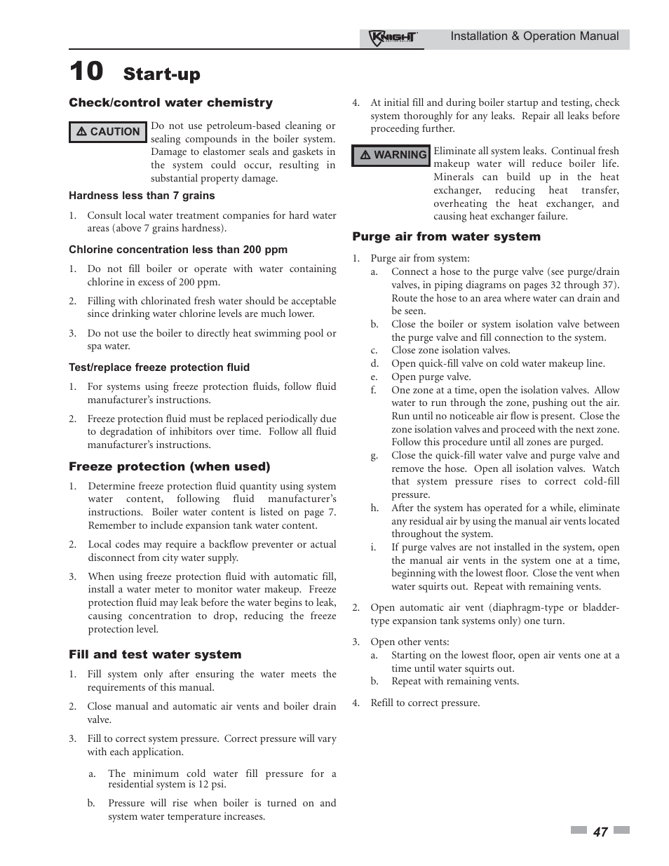 Start-up | Lochinvar Knight 80 - 285 User Manual | Page 47 / 72