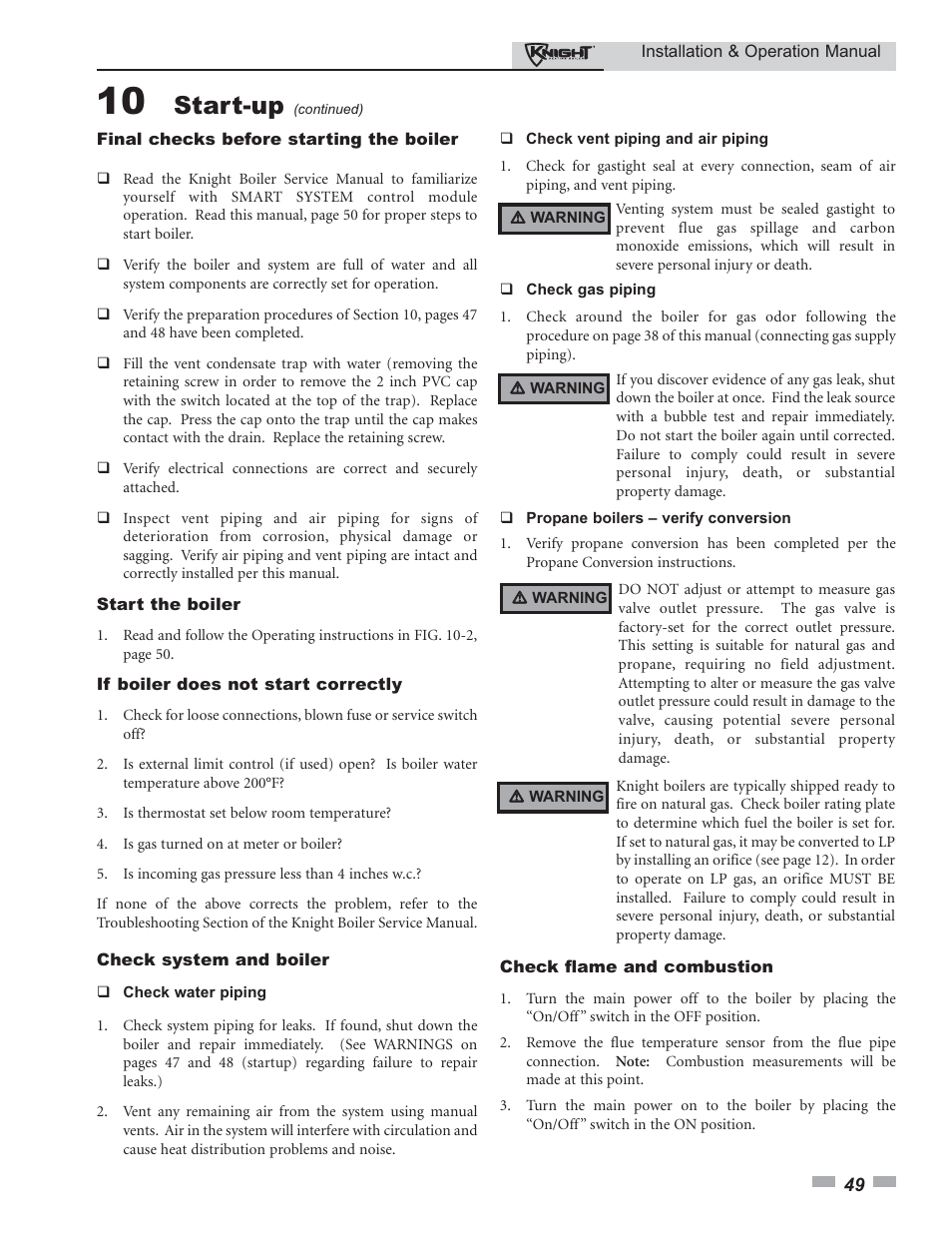 Start-up | Lochinvar Knight 80 - 285 User Manual | Page 49 / 72