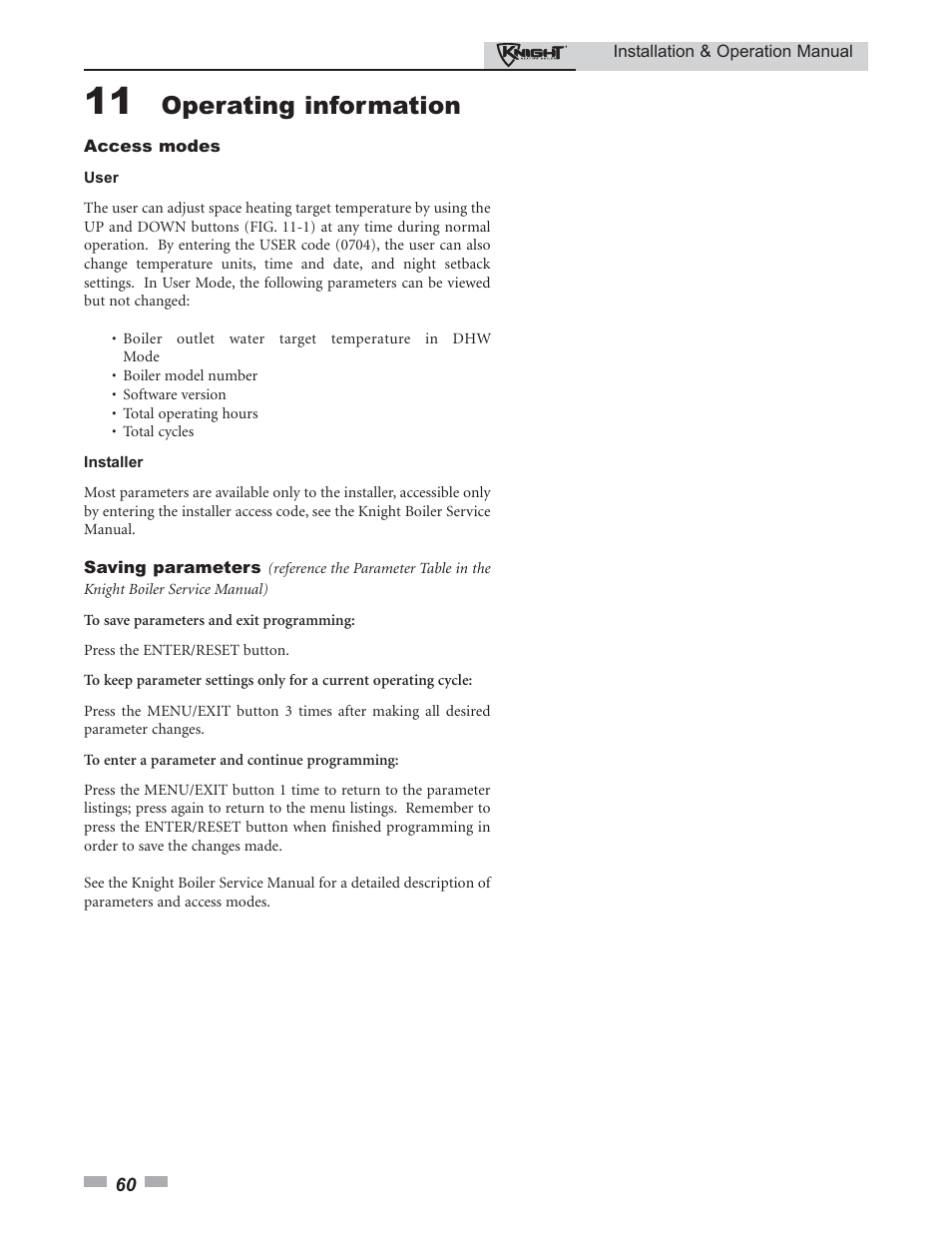 Operating information | Lochinvar Knight 80 - 285 User Manual | Page 60 / 72