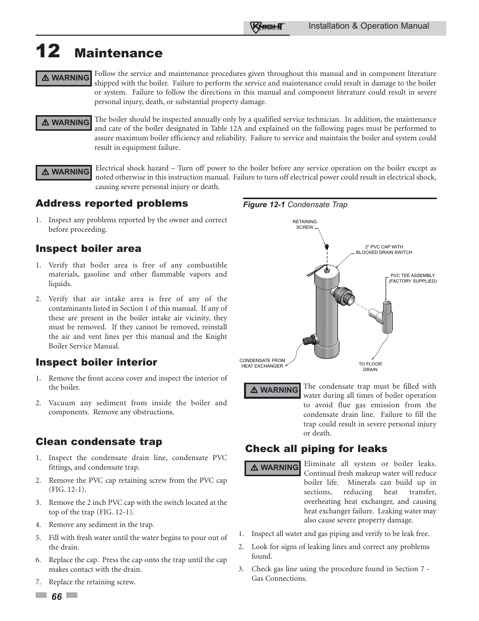 Maintenance, Address reported problems, Inspect boiler area | Inspect boiler interior, Clean condensate trap, Check all piping for leaks | Lochinvar Knight 80 - 285 User Manual | Page 66 / 72