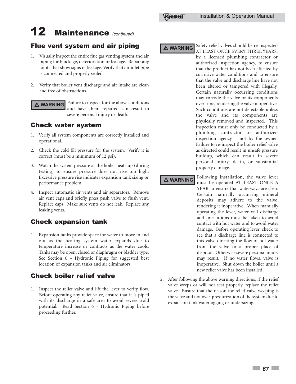 Maintenance | Lochinvar Knight 80 - 285 User Manual | Page 67 / 72