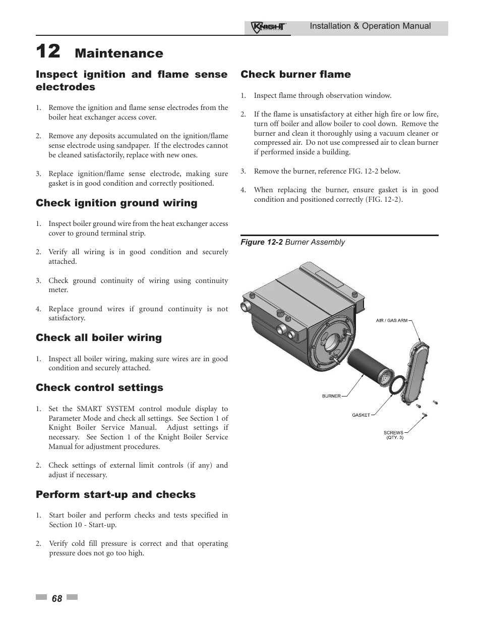 Maintenance, Inspect ignition and flame sense electrodes, Check ignition ground wiring | Check all boiler wiring, Check control settings, Perform start-up and checks, Check burner flame | Lochinvar Knight 80 - 285 User Manual | Page 68 / 72