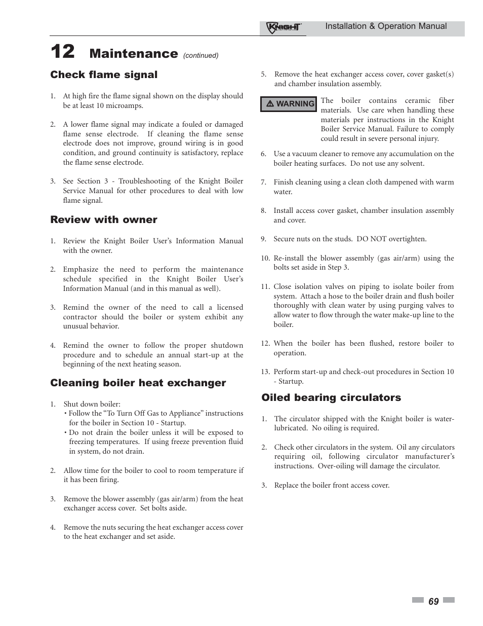 Maintenance, Check flame signal, Review with owner | Cleaning boiler heat exchanger, Oiled bearing circulators | Lochinvar Knight 80 - 285 User Manual | Page 69 / 72