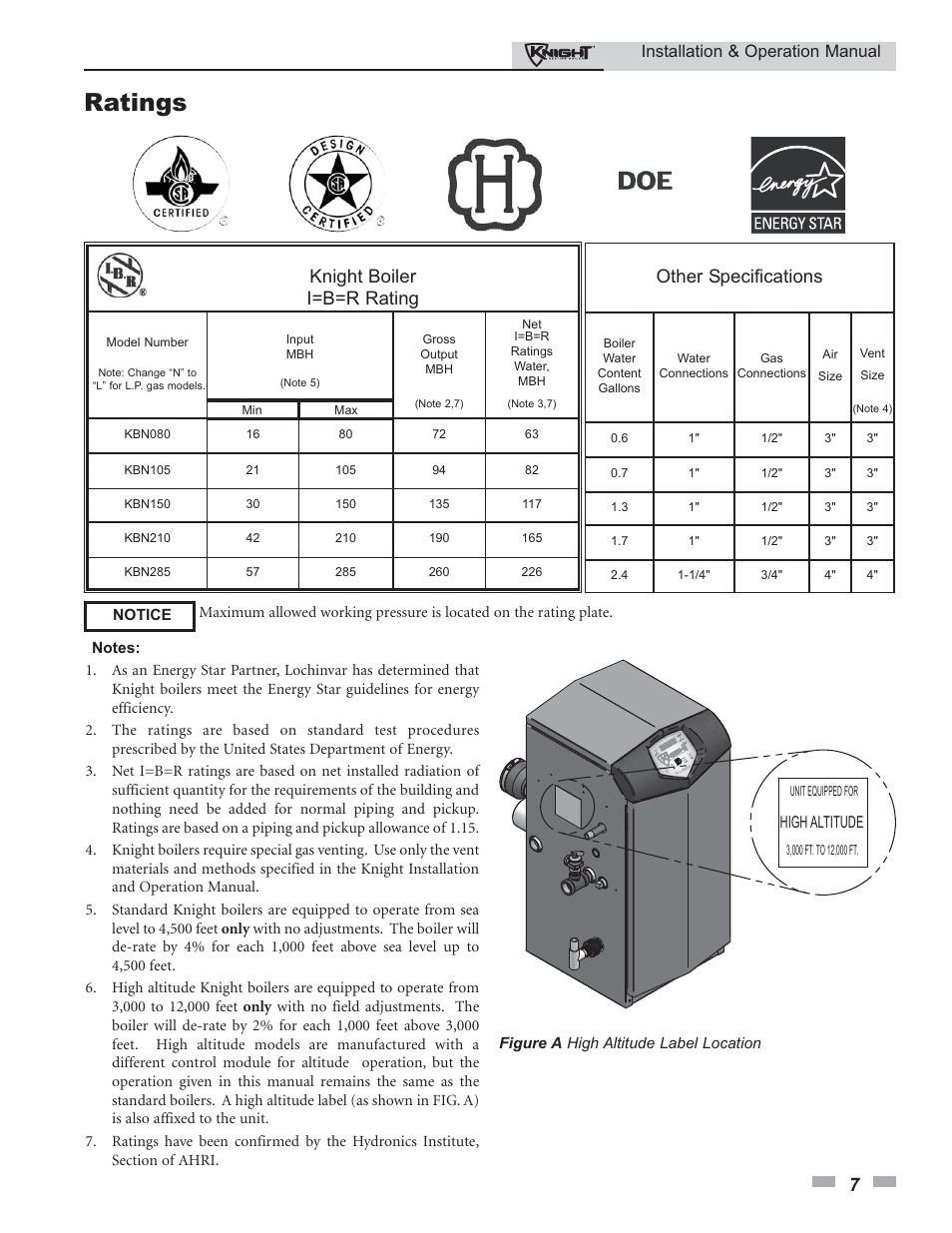 Ratings, Knight boiler i=b=r rating, Other specifications | Installation & operation manual | Lochinvar Knight 80 - 285 User Manual | Page 7 / 72