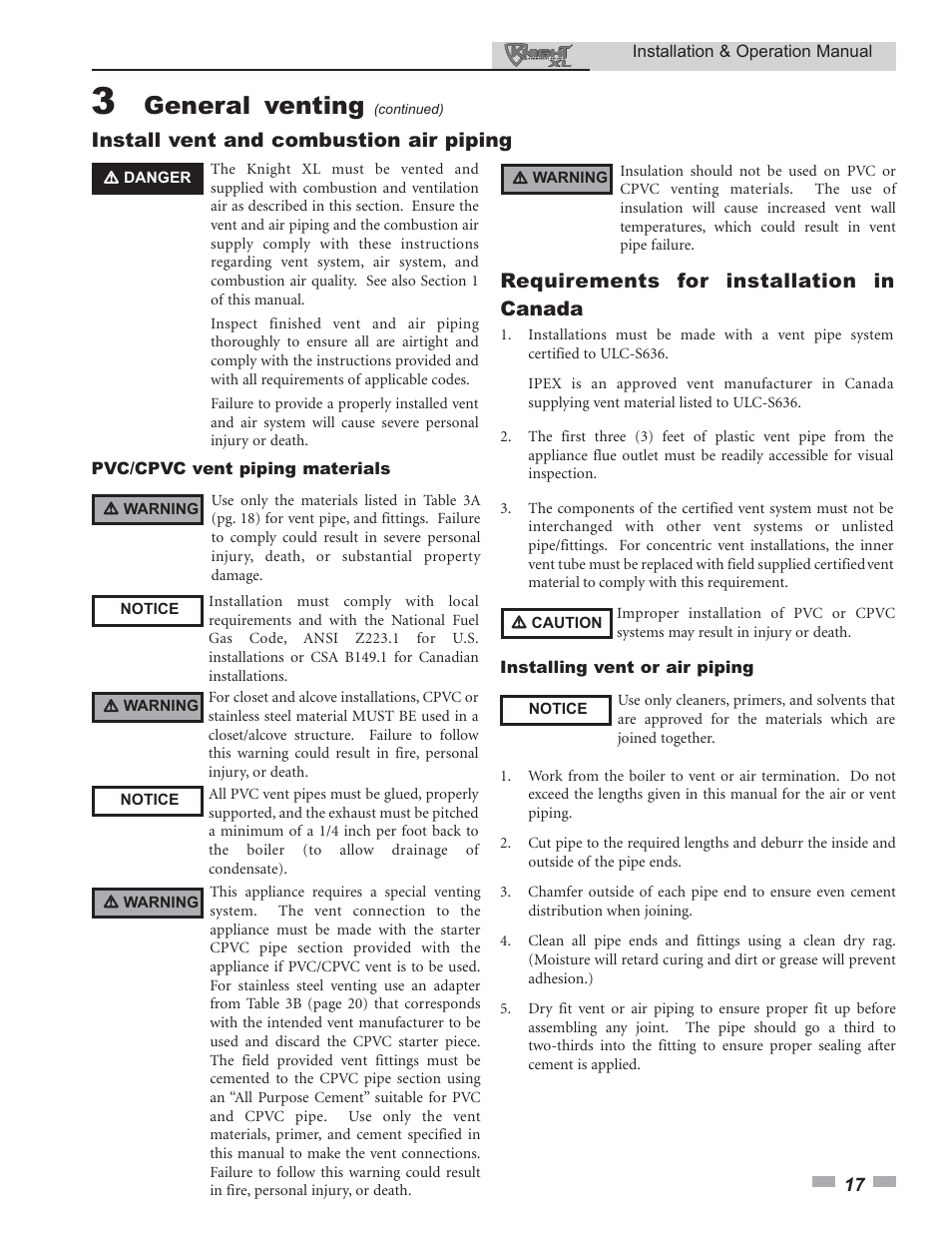 General venting, Install vent and combustion air piping, Requirements for installation in canada | Lochinvar 400 User Manual | Page 17 / 80