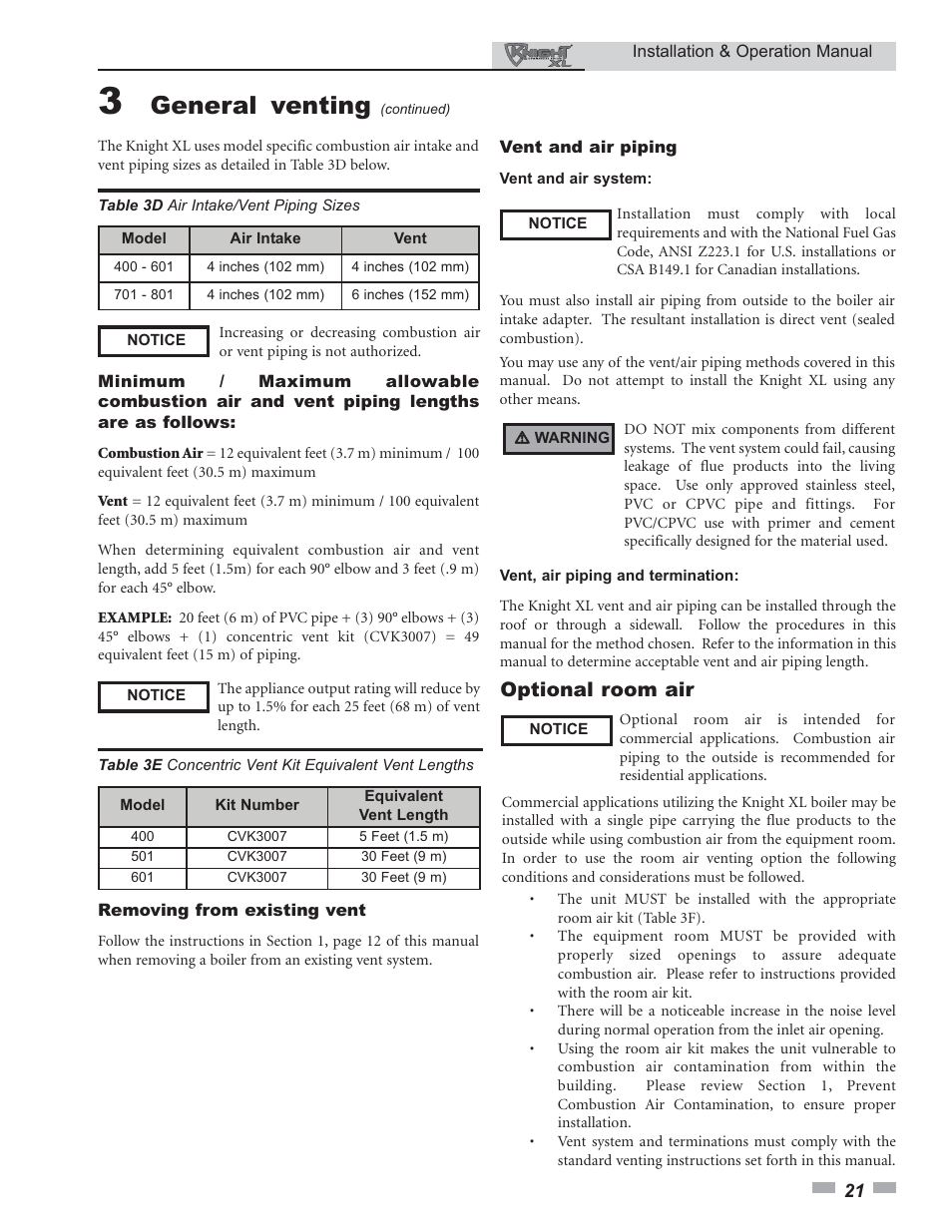 General venting, Optional room air | Lochinvar 400 User Manual | Page 21 / 80
