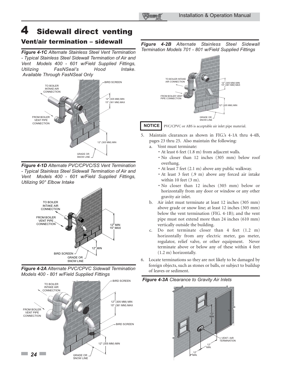 Sidewall direct venting, Vent/air termination – sidewall, Installation & operation manual | Figure 4-3a clearance to gravity air inlets | Lochinvar 400 User Manual | Page 24 / 80
