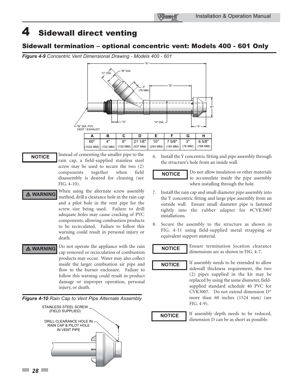 Sidewall direct venting, Installation & operation manual | Lochinvar 400 User Manual | Page 28 / 80